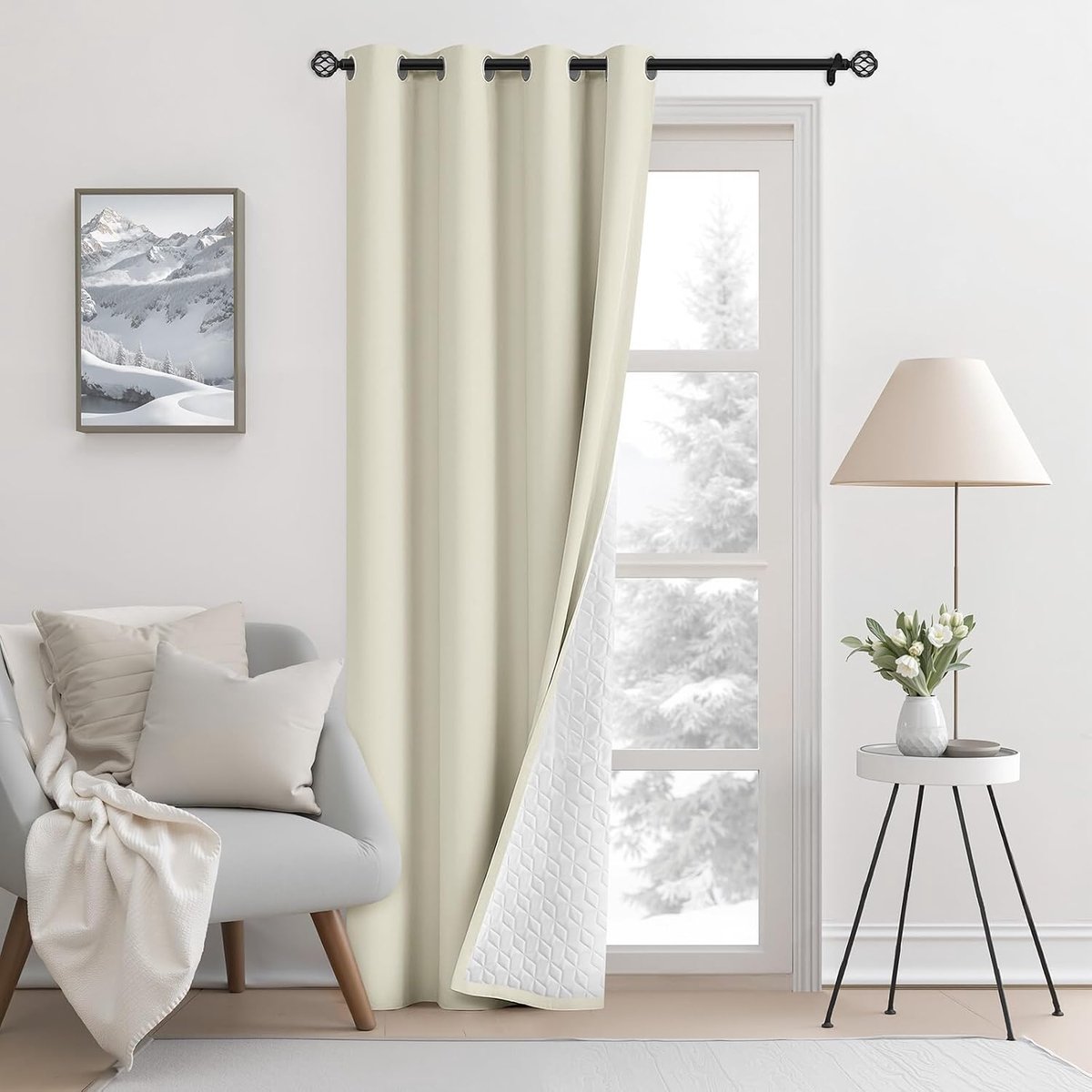 verdikt gordijn, 132×214CM Verduisteringsgordijnen, Geluidsarm, 1 Stuks Koudebestendig gordijn met Oogjes, Thermisch Vezelgordijnen voor Woonkamer, Slaapkamer, Kantoor (Beige)