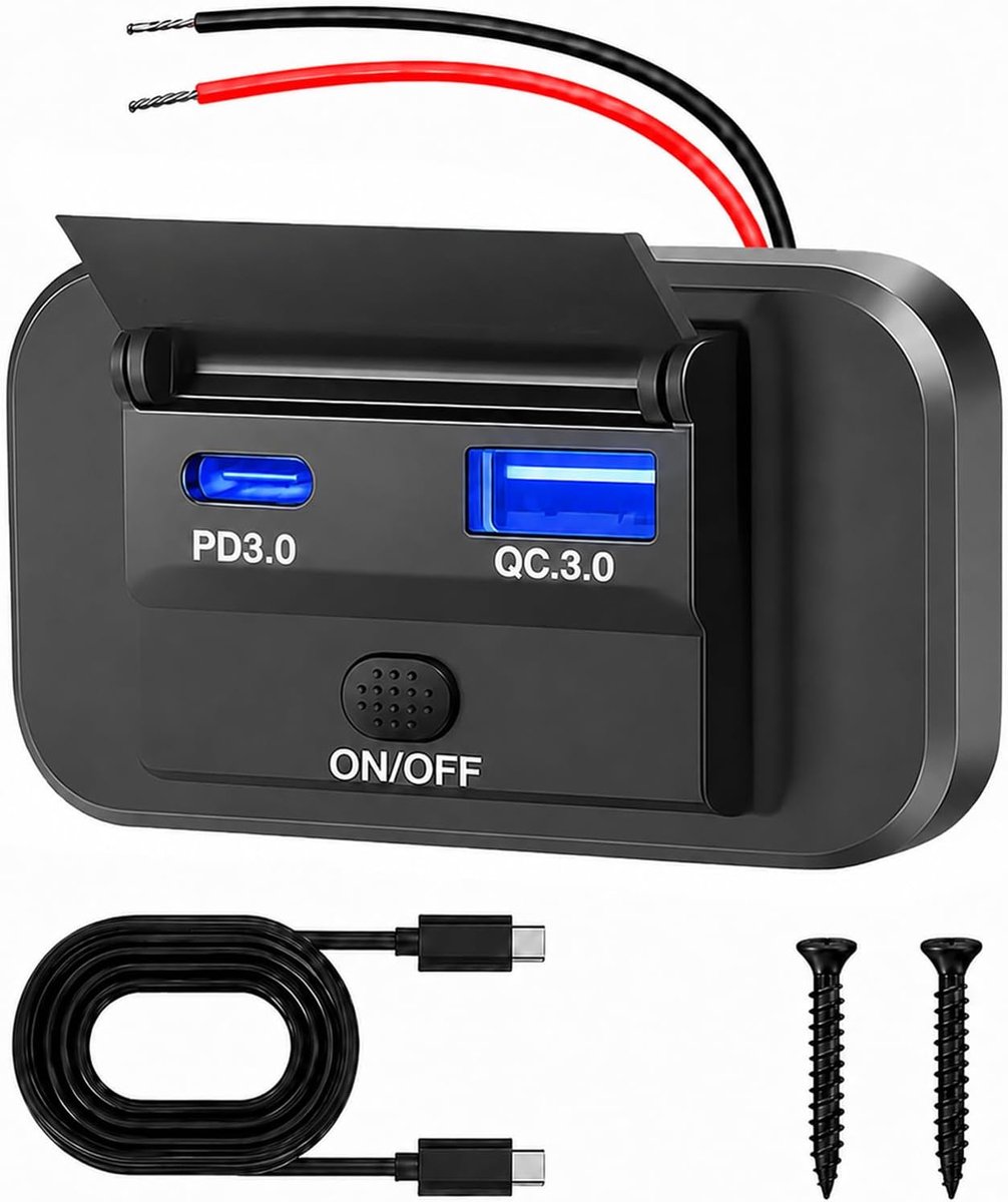 12V camper inbouw 2-poorts 30W USB-C&18W USB-A QC3.0