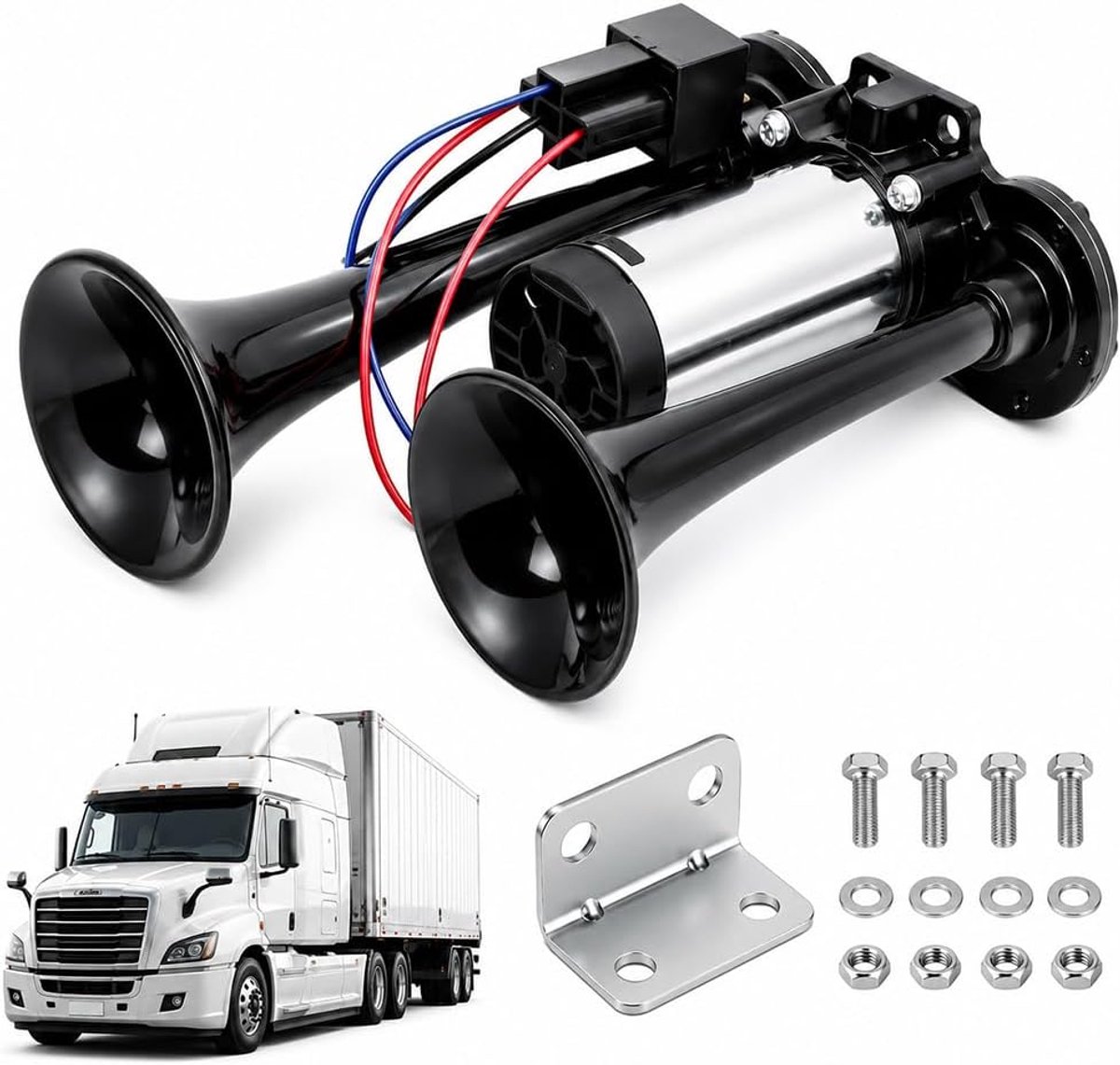 Claxon 12 V, Afenau 600 dB dubbele claxon met compressor, claxon, autokit voor 12 V vrachtwagen, auto, treinen, boten, SUV (zwart)