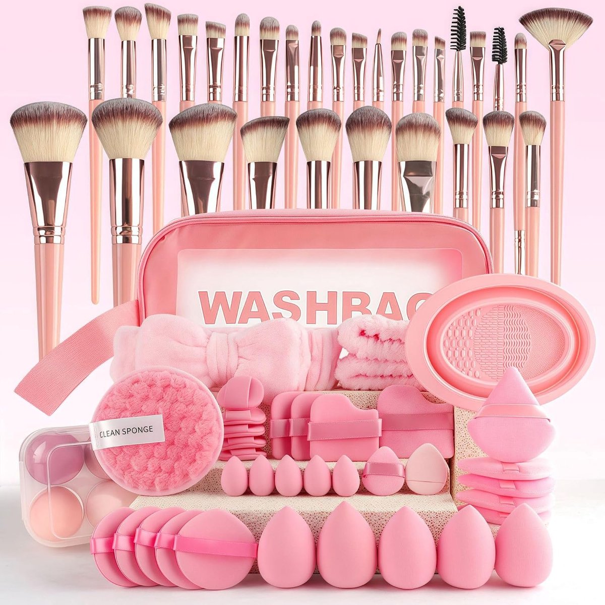 67-delig Pinselset Make-up Professioneel & Gezichtsverzorgingsset | Make-up penseel set voor vrouwen met beauty-sponsjes, opbergtas | Compleet set voor foundation, oogschaduw (roze)