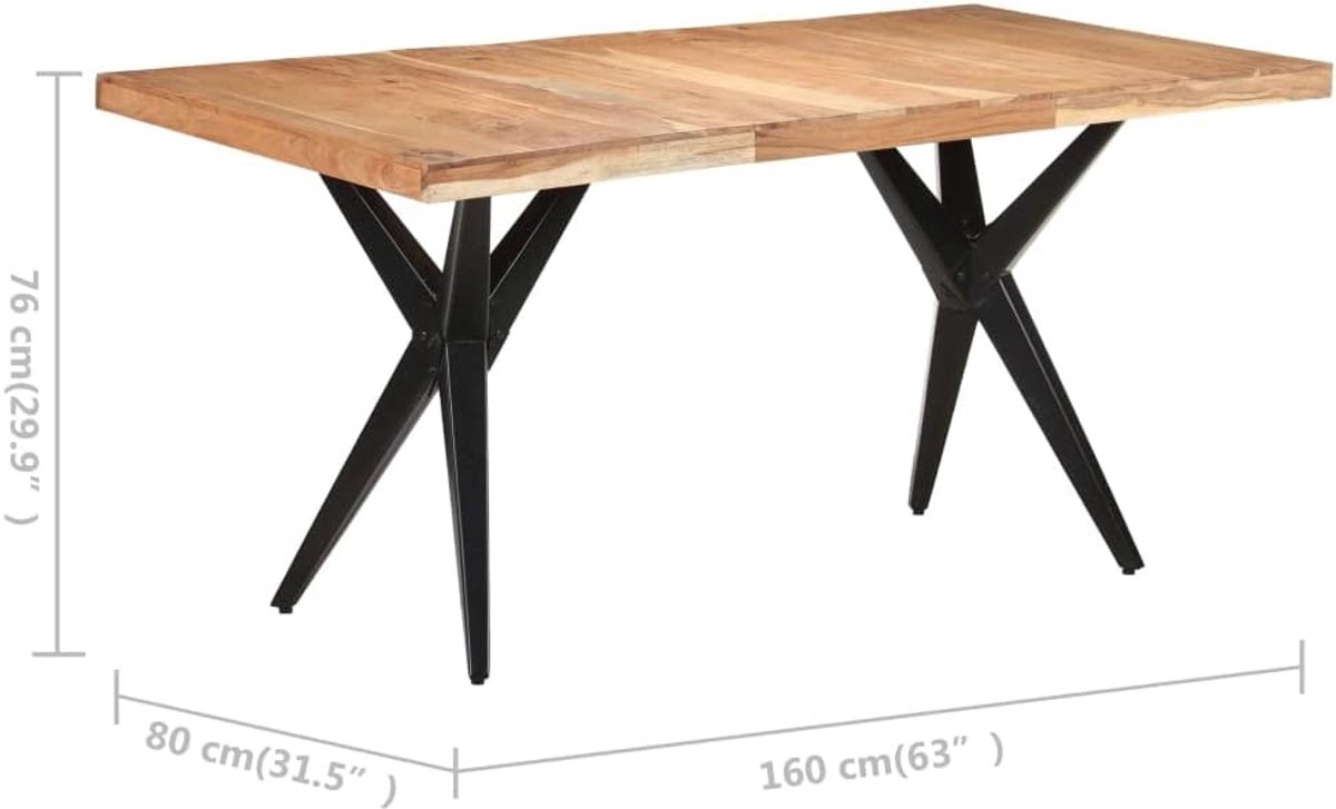 Houten eettafel acacia 160x80x76 cm met gepoedercoate stalen poten van tafelframe voor keuken en woonkamer