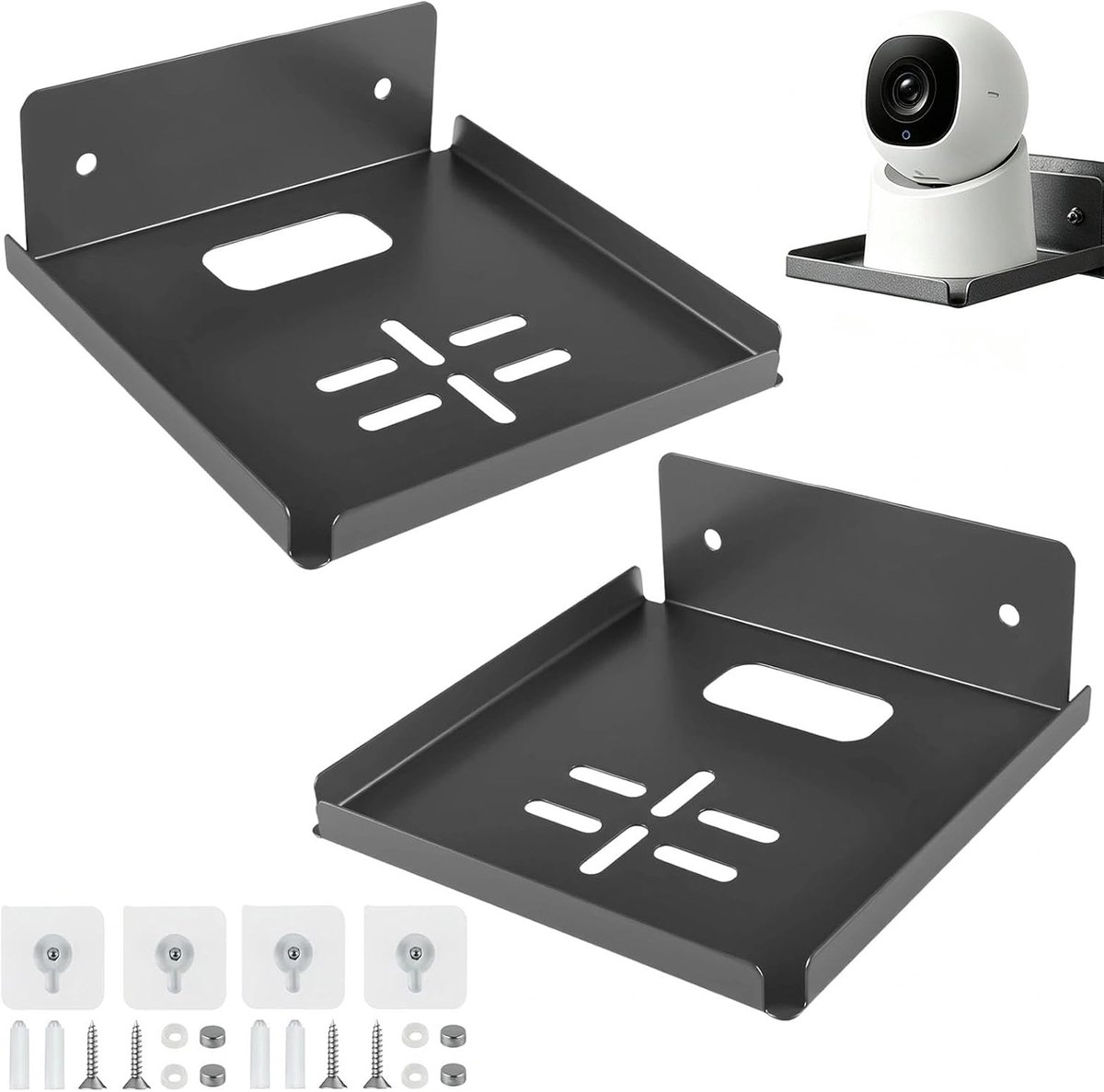 2 stuks klein wandrek 12 x 12 cm, wandrek zonder boren met kabeldoorvoer, grijze bewakingscamera houder, moderne zwevende planken, voor woonkamer, kantoor, eetkamer