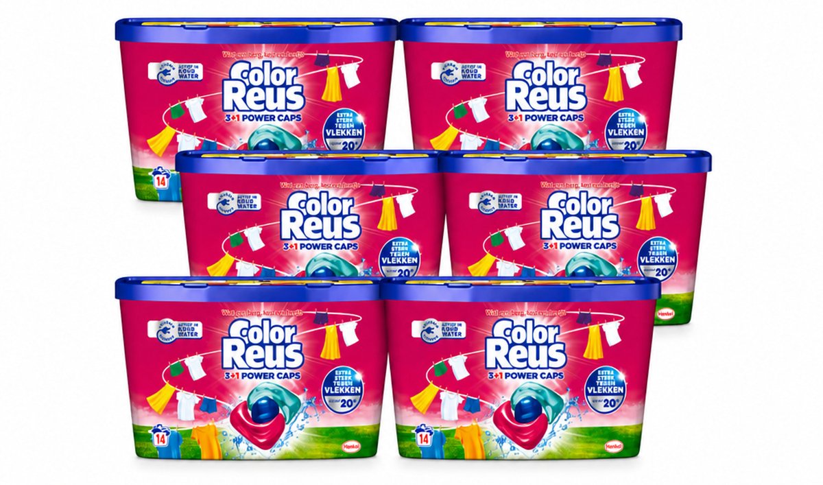 6 x Color Reus - 3+1 Power Caps - Gekleurde Was - 14 Wasbeurten - Voordeelverpakking - 6 stuks