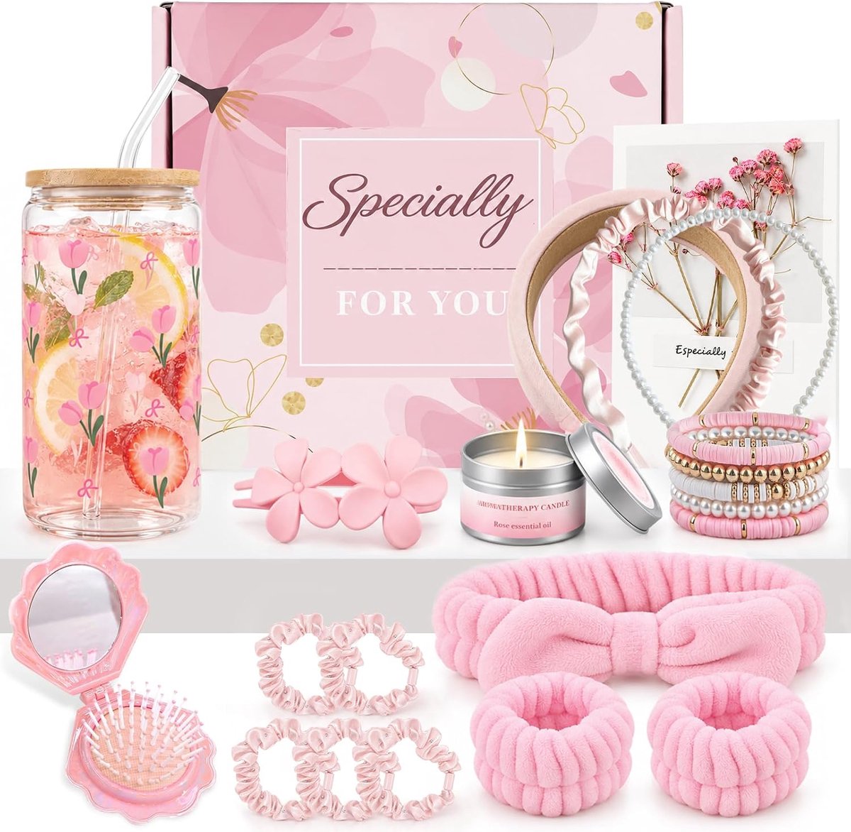Cadeaus voor meisjes en tieners van 9, 10, 11, 12, 13, 14, 15, 16 jaar, glazen beker, cadeauset voor tienermeisjes, met glazen beker met rietje, geurkaars, spiegelborstel en meer