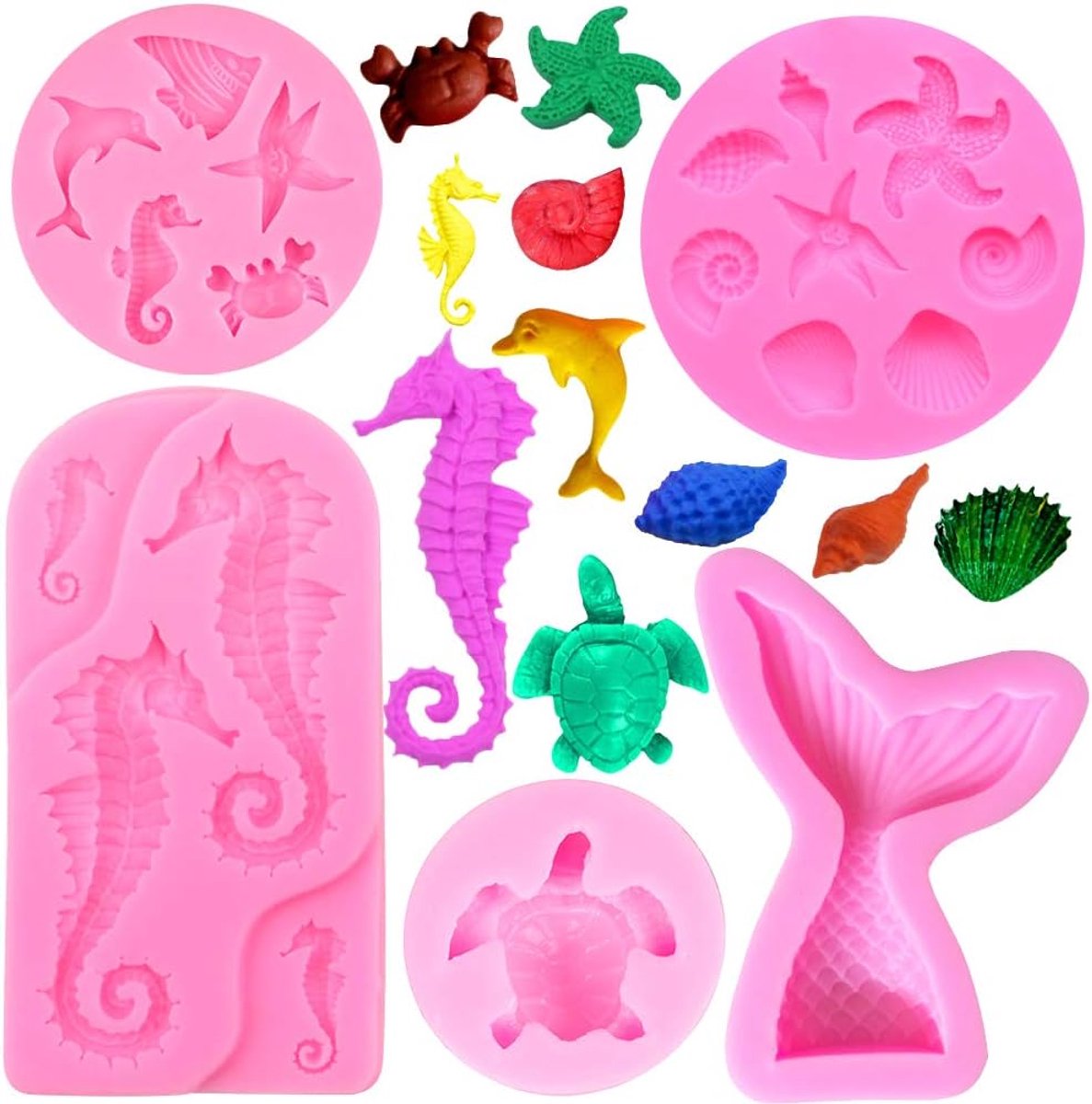 Theme Cake Fondant Zeemeerminstaart Zeepaardje Zeester Zeeschelp Schildpad Siliconen Schimmel Chocolade Snoepvormen Cupcake Decoratie Tool voor DIY Cake Decoratie Polymeerklei - 5 stuks