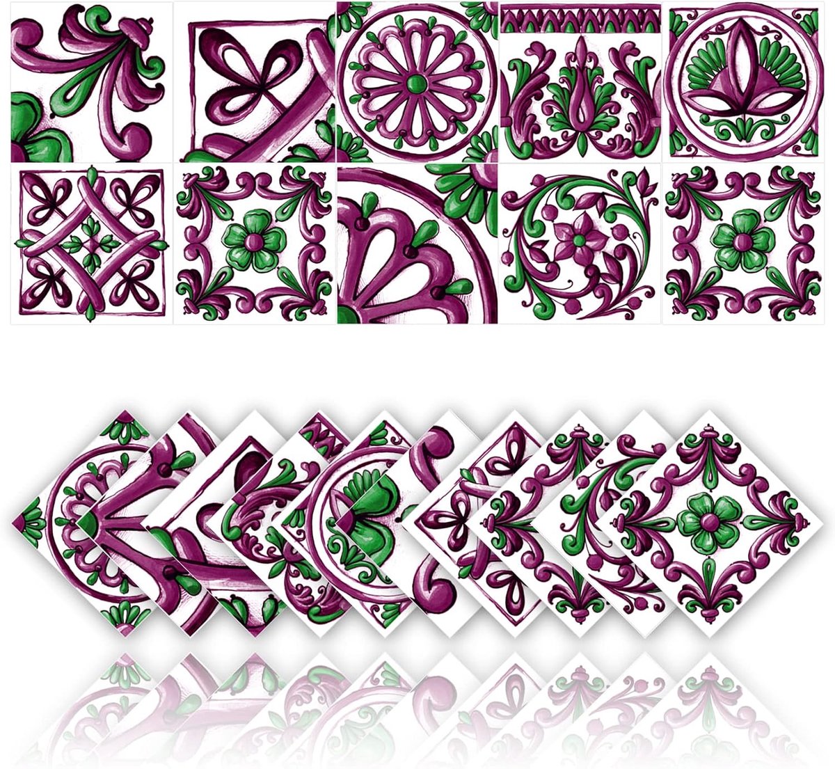 Tegelstickers voor keuken en badkamer, wanddecoratie, waterdicht, pvc, zelfklevend, mozaïek, decoratie, retro architectuurstijl (10 x 10 cm, paars), 20 stuks