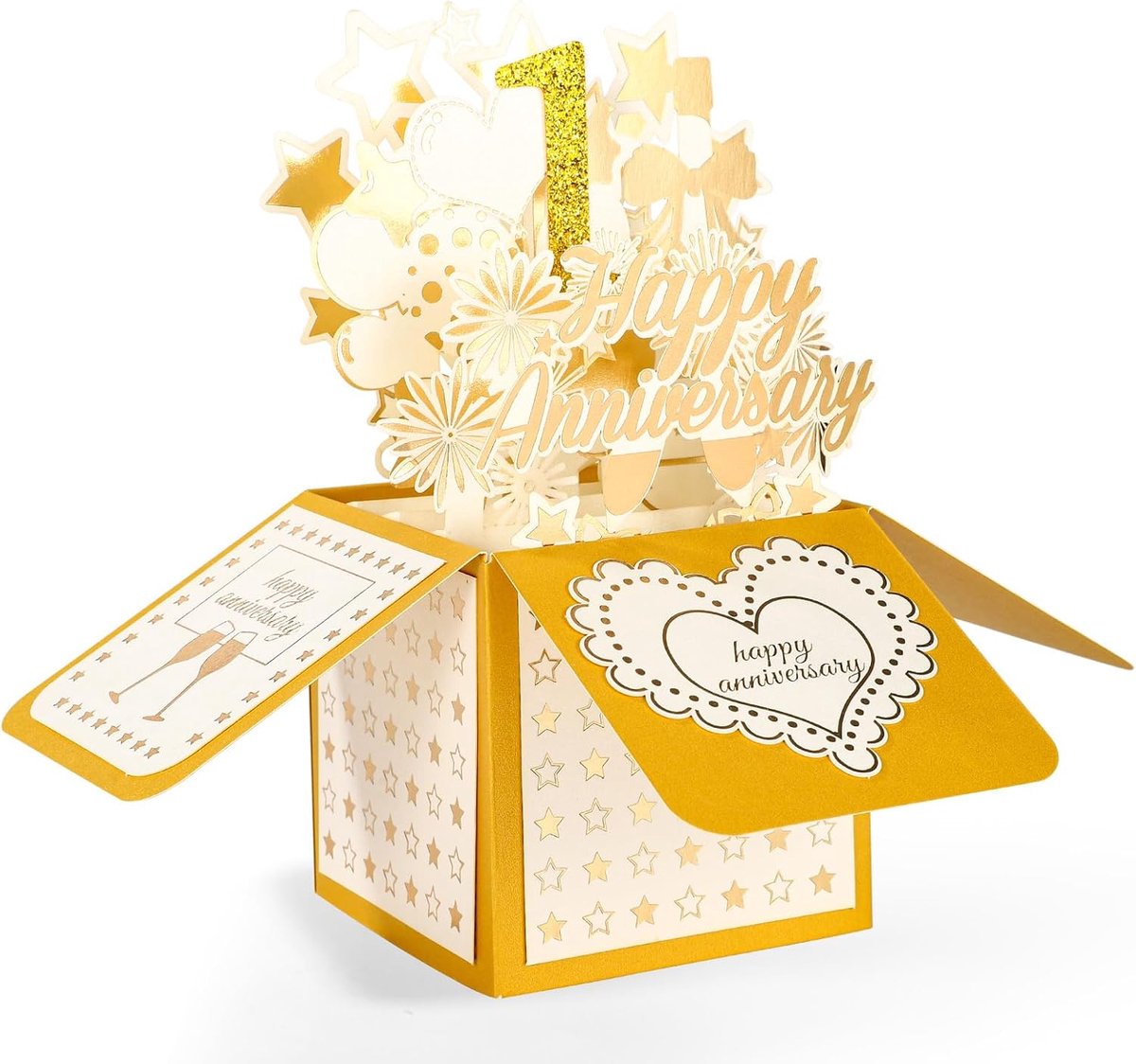 1e Gouden Gelukkige Jubileumkaart, 3D Pop-Up Romantische 1e Jubileumkaart met Enveloppen en Notitiekaart voor Hem Haar Vrouwen Mannen Vrouw Echtgenoot Koppel Huwelijkscadeau