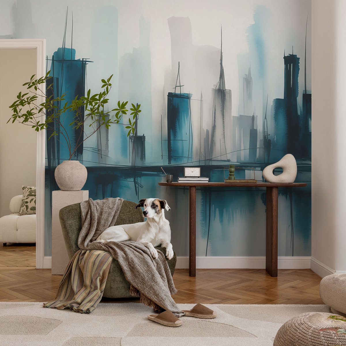 Coloray Vliesbehang - Blauw Snellijm Behang - 104x70 cm - Stadslandschappen Fotobehang Vlies - Hal behang Steden - Muurschildering - Woonkamer behang
