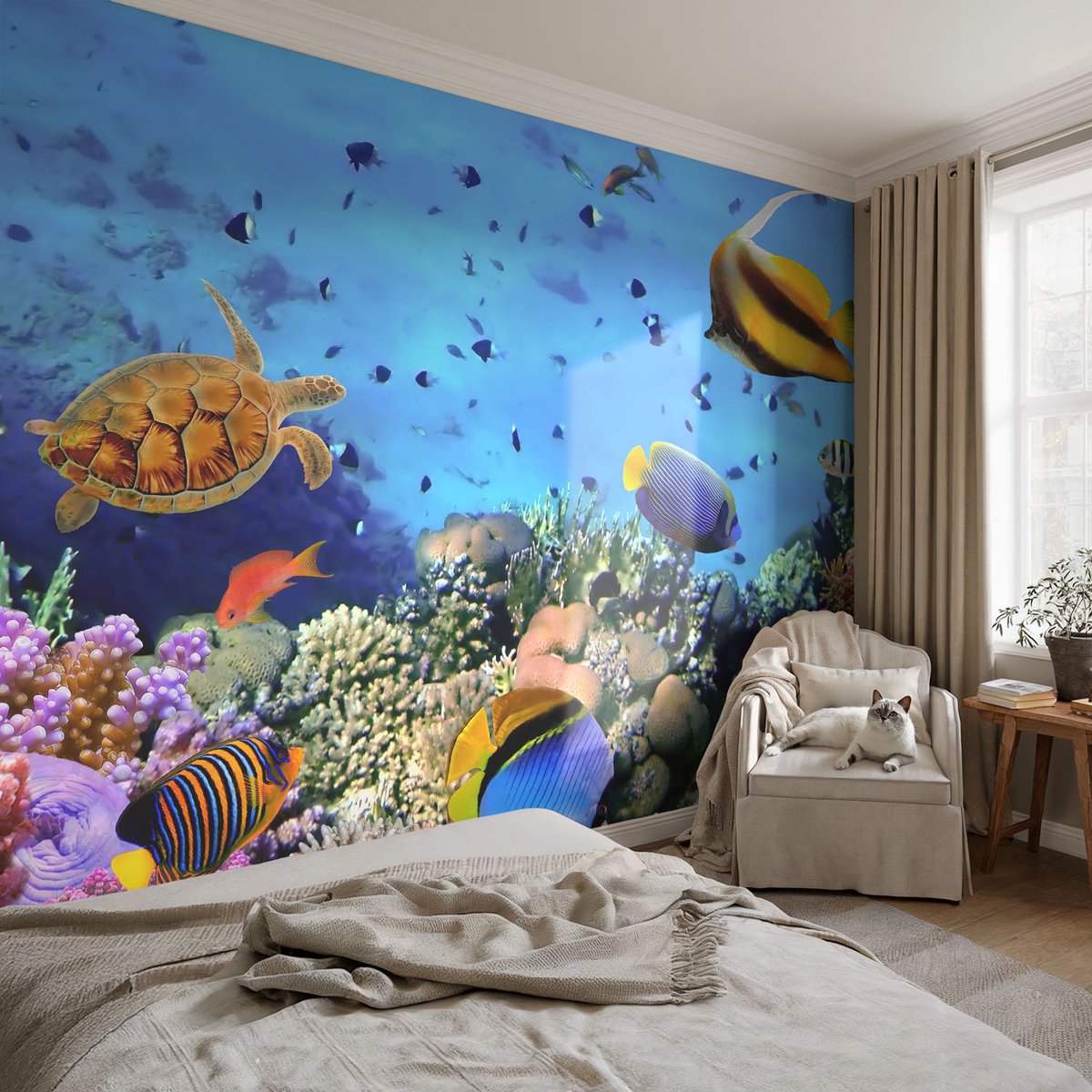 Coloray Vliesbehang - Blauw Snellijm Behang - 104x70 cm - Koraalrif Muurschildering - Gang behang Dieren - Fotobehang Vlies - Slaapkamer behang