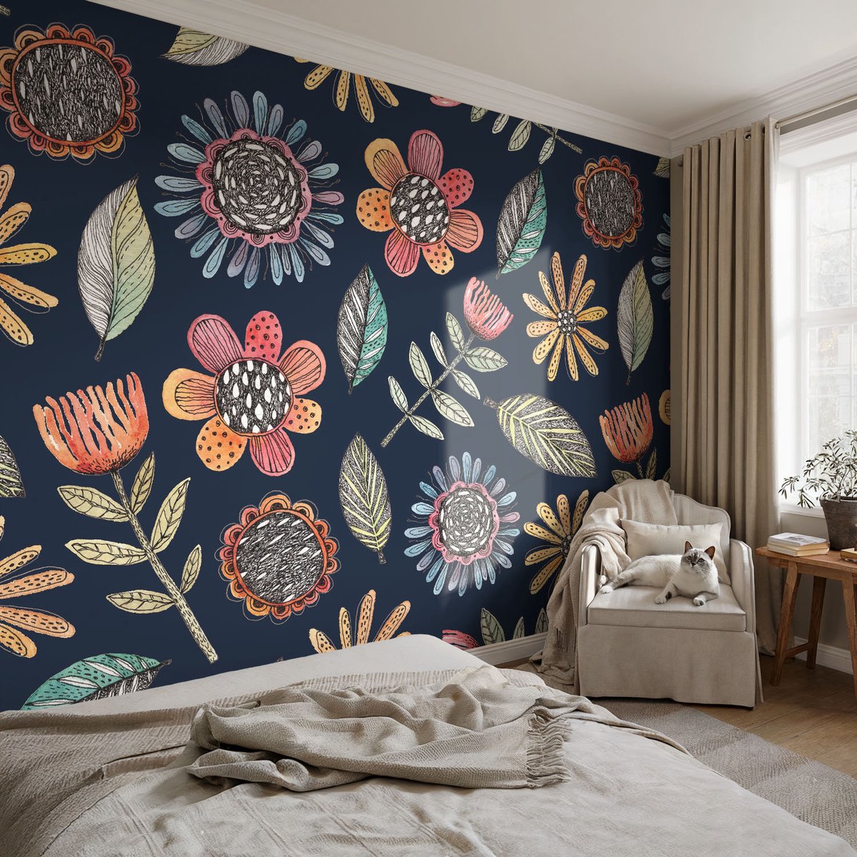 Coloray Vliesbehang - Marine Snellijm Behang - 104x70 cm - Bloemenmozaïek Muurschildering - Slaapkamer behang Bloemen En Planten - Fotobehang Vlies - Gang behang