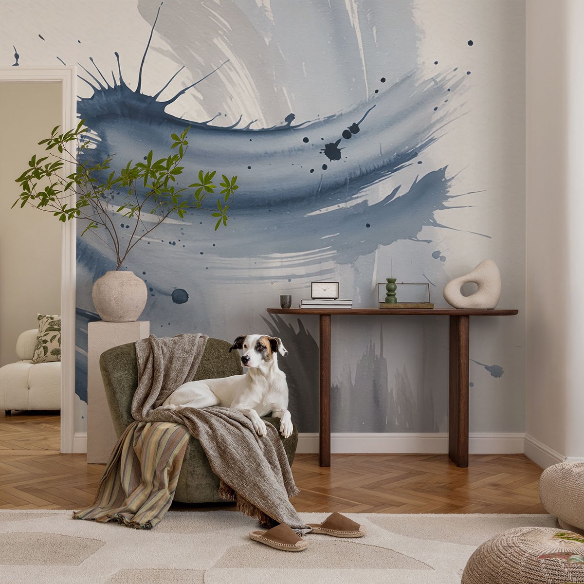 Coloray Vliesbehang - Blauw Snellijm Behang - 104x70 cm - Artistieke Penseelstreken Muurschildering - Gang behang Abstractie - Fotobehang Vlies - Slaapkamer behang