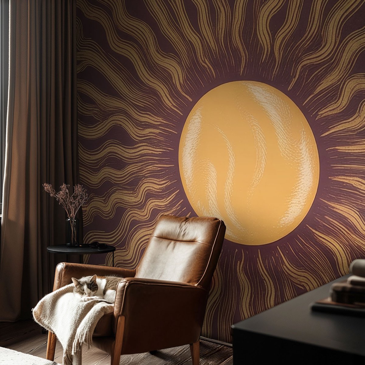 Coloray Vliesbehang - Bruin Snellijm Behang - 104x70 cm - Zonnestralen Muurschildering - Slaapkamer behang Deel - Fotobehang Vlies - Slaapkamer behang