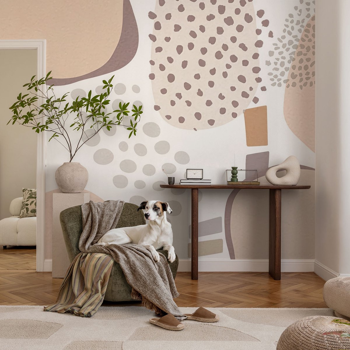 Coloray Vliesbehang - Beige Snellijm Behang - 104x70 cm - Subtiele Stippen Fotobehang Vlies - Hal behang Abstractie - Muurschildering - Woonkamer behang