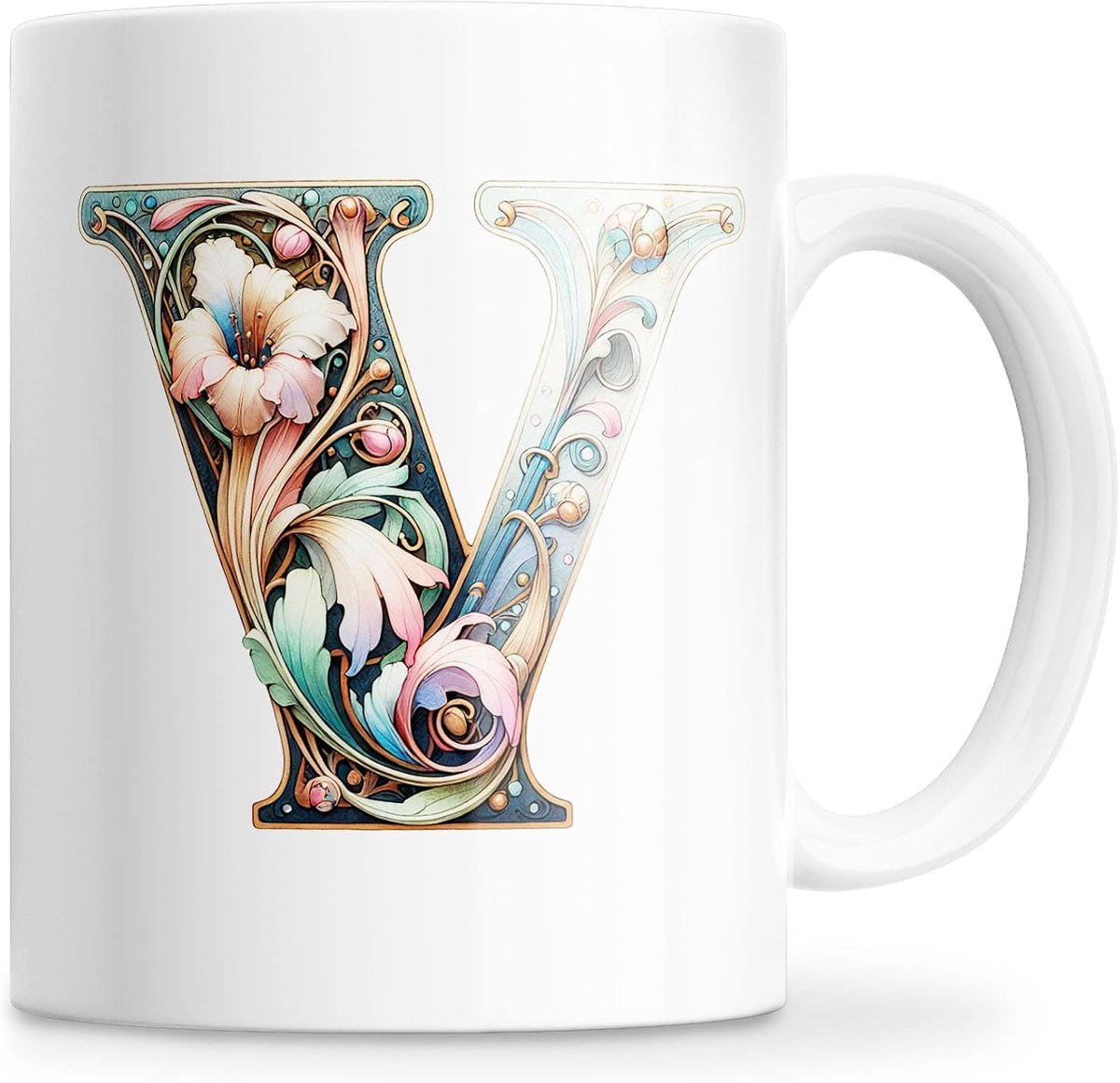 Mok met initialen van de naam, keramische mok 350 ml met bloemenmotief, origineel cadeau voor vrouwen, mama, vrienden, vaatwasmachinebestendig en magnetronbestendig (V)
