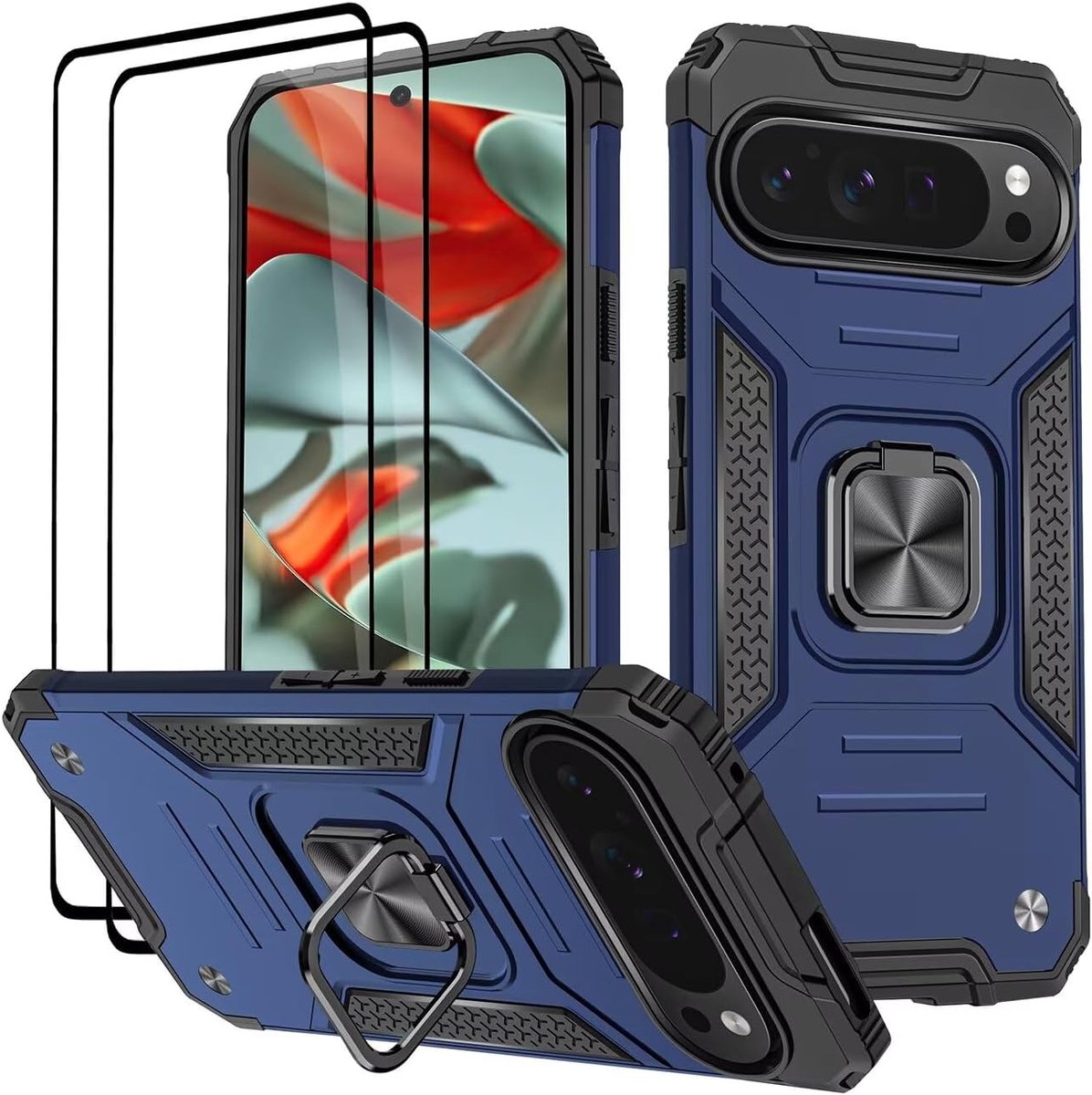 Hoesje voor Google Pixel 9 Pro XL, Gehard glas [2 stuks] Beschermende siliconen TPU Schokbestendige stevige harde cover - Blauw