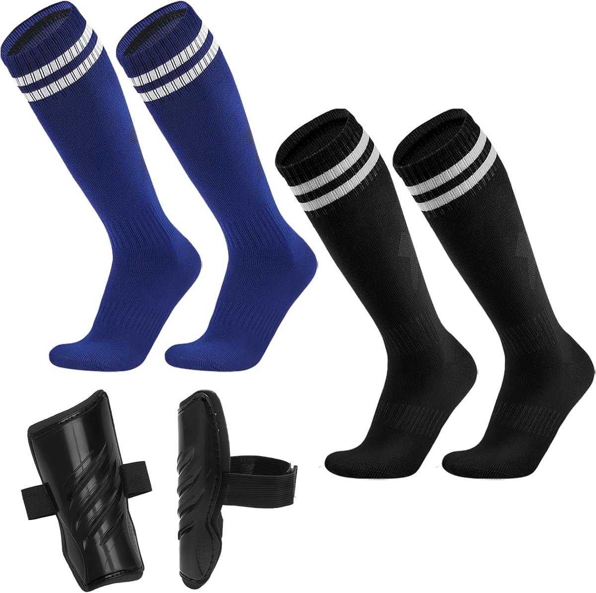 2 Paar Voetbalsokken Voor Kinderen, Maat 26-34, Zwart En Marineblauw, Voor Jongens En Meisjes, Met Scheenbeschermers, Voor Voetbaltraining