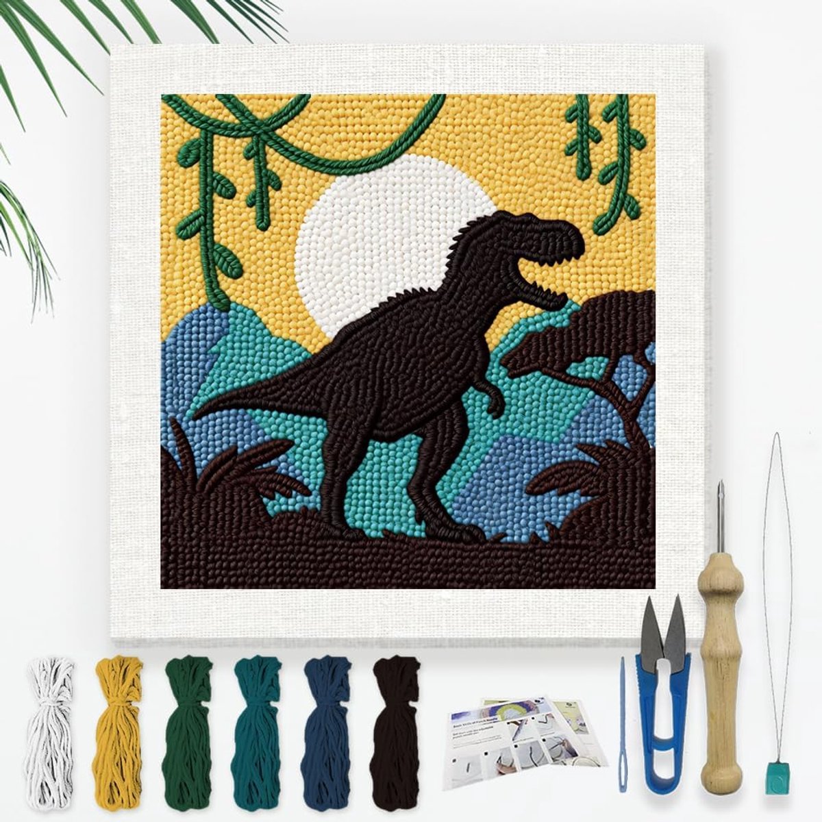 Dinosauriër T-Rex Naald-Set Voor Beginners, 24x24cm Dschungel-Sunset Punch-Borduur Naaiset, DIY Steek-Starter-Set Met Bedrukte Lijst, Instructie, Draadinsteker, Garen En Punch-Naald