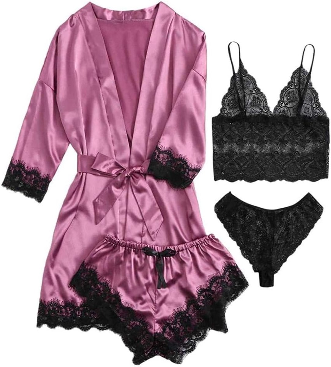 Sets met nachtmode & ochtendjas Sexy Vrouwen Badjas Bruiloft Gewaad Kanten Trim Nachtkleding Casual Huiskleding Nachtkleding Bodysuit Set-D_XXL