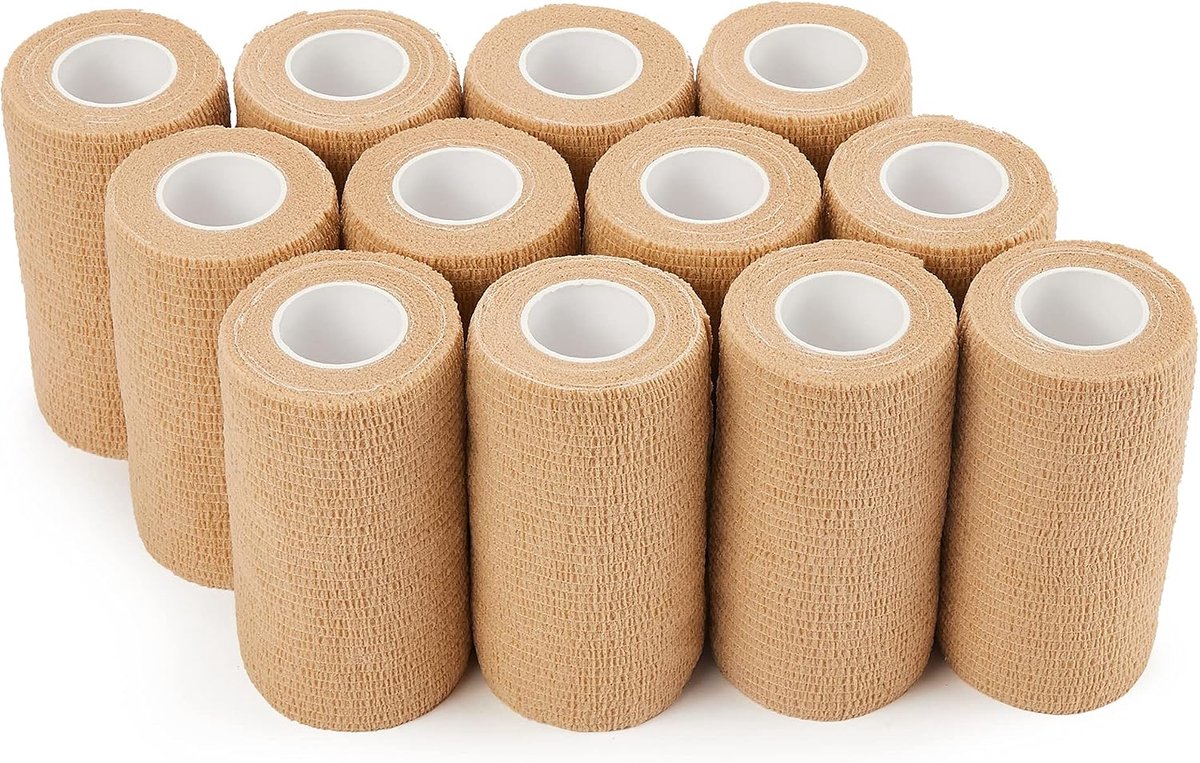 verband 10 cm x 4,5 m, 12 rollen zelfklevende fixeerverband, verband voor huisdieren voor eerste hulp, sport, paarden, honden (huidskleur)