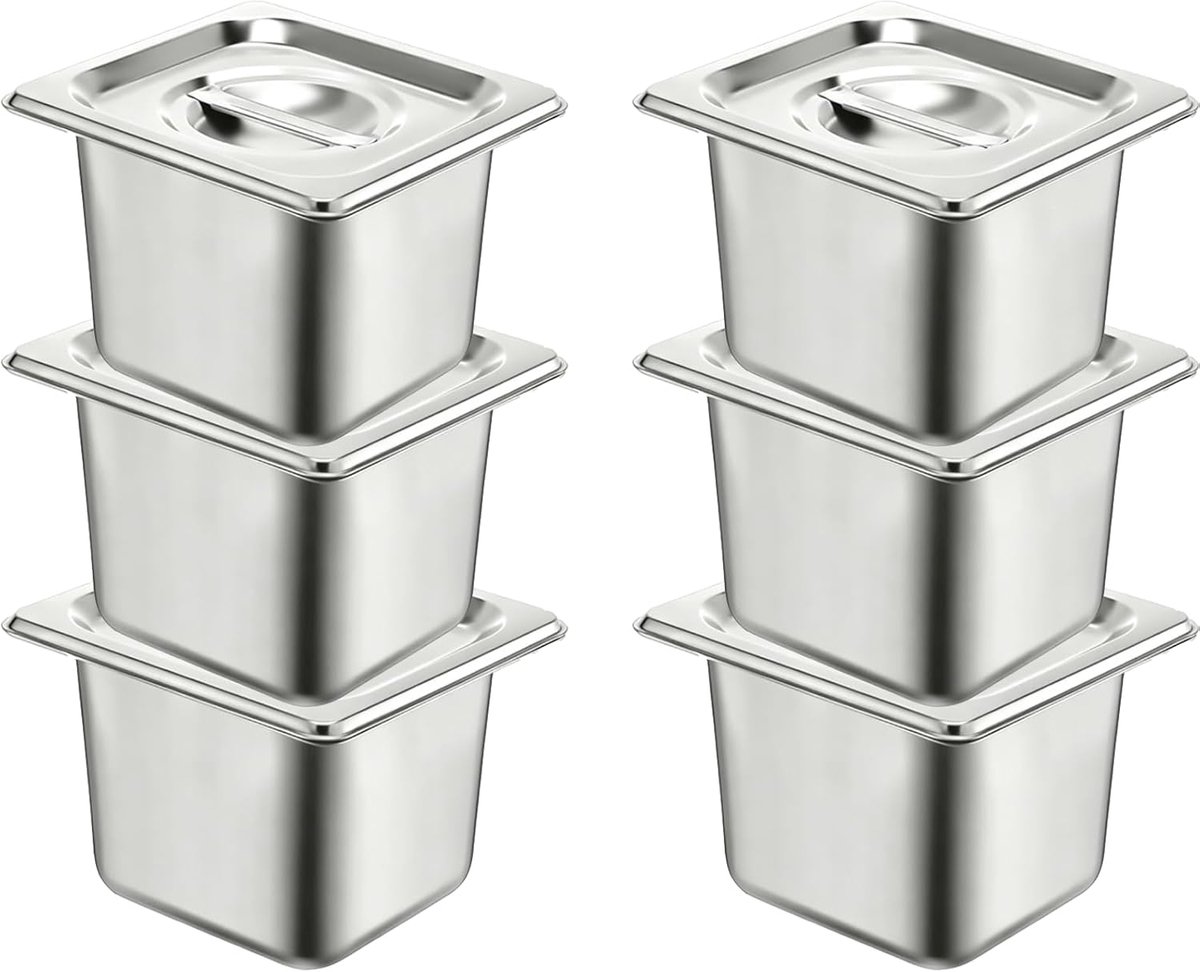 6 stuks GN containers 1/6, 17,5 x 16,2 x 15 cm, roestvrij stalen container met deksel, gastro-container voor schnitzels, vis en vlees