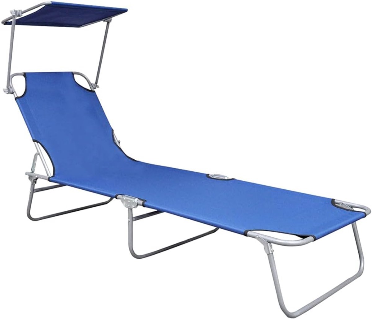 Opklapbare ligstoel met zonnescherm, zonnebed, inklapbaar, tuinligstoel, ligstoel, relaxstoel, balkonstoel, ligstoel, blauw aluminium