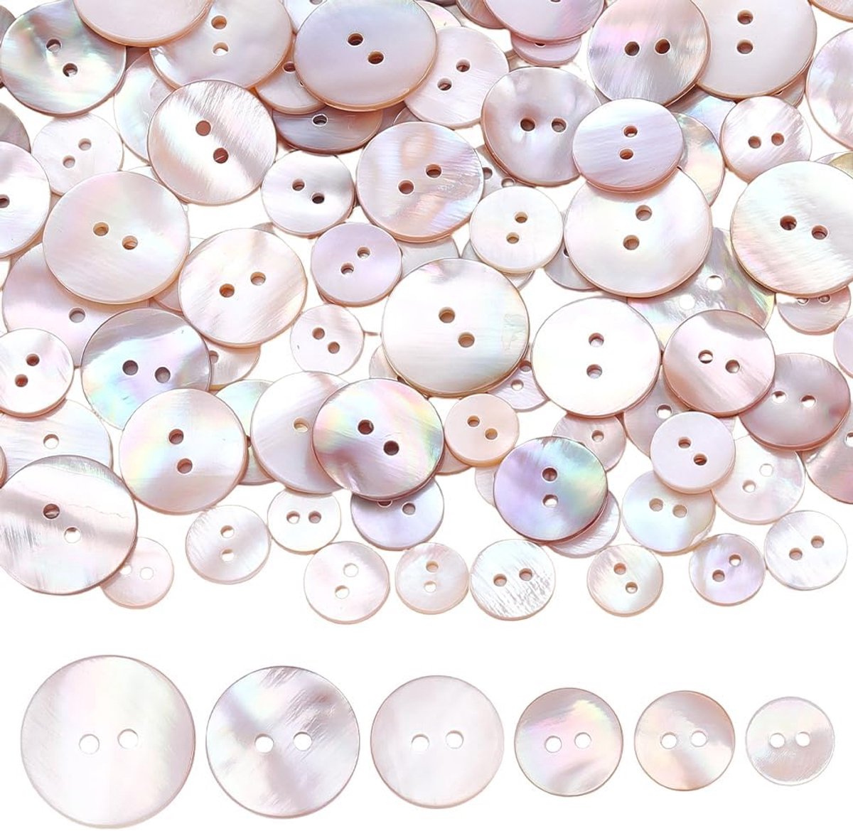 120 stuks 2 gaten natuurlijke schelp knoppen 6 maten platte ronde parelmoer knoppen zeeschelp bulk knop 10/11/12,5/18/20mm voor doe-het-zelf naaien ambachten kleding blazer shirts jassen