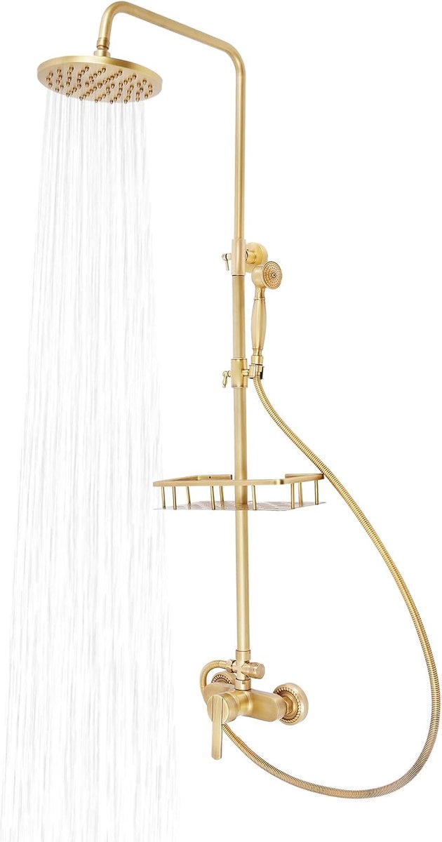Vintage douchesysteem zonder armatuur, 2-in-1 met opbergplank, 360 graden draaibaar, grote regendouche (20 cm) en handdouche voor woningen, badkamers, scholen, thermale baden, hotels