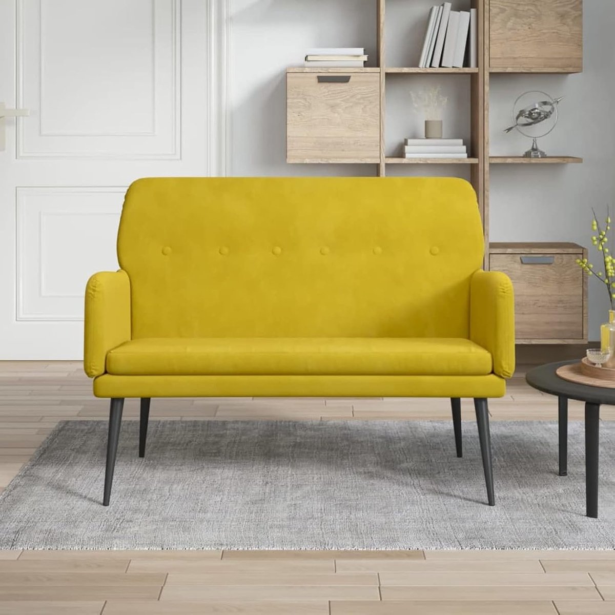 Bank, bankje voor binnen, modern, fluweel, geel, 108 x 79 x 79 cm, fluwelen zitbank voor entree, bank voor woonkamer, slaapkamer