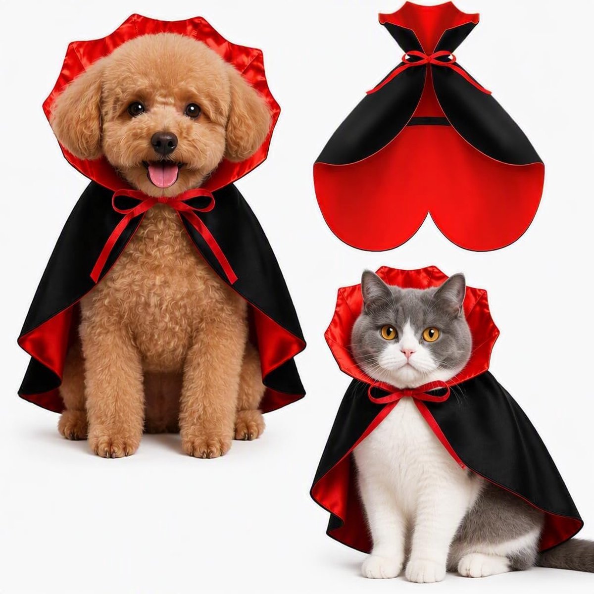 Halloweenkostuum voor katten en honden, vampiercape rood/zwart, verstelbaar, 25-45 cm (lengte 40 cm), met opstaande kraag, voor cosplay, carnaval, feest