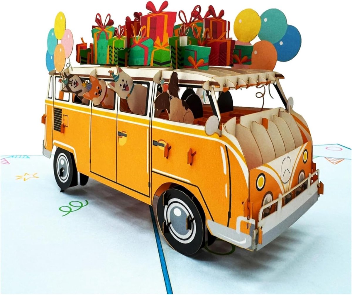 3D pop-up verjaardagskaart, partybus met honden, cadeaus en ballondesign, handgemaakt, 15 x 20 cm