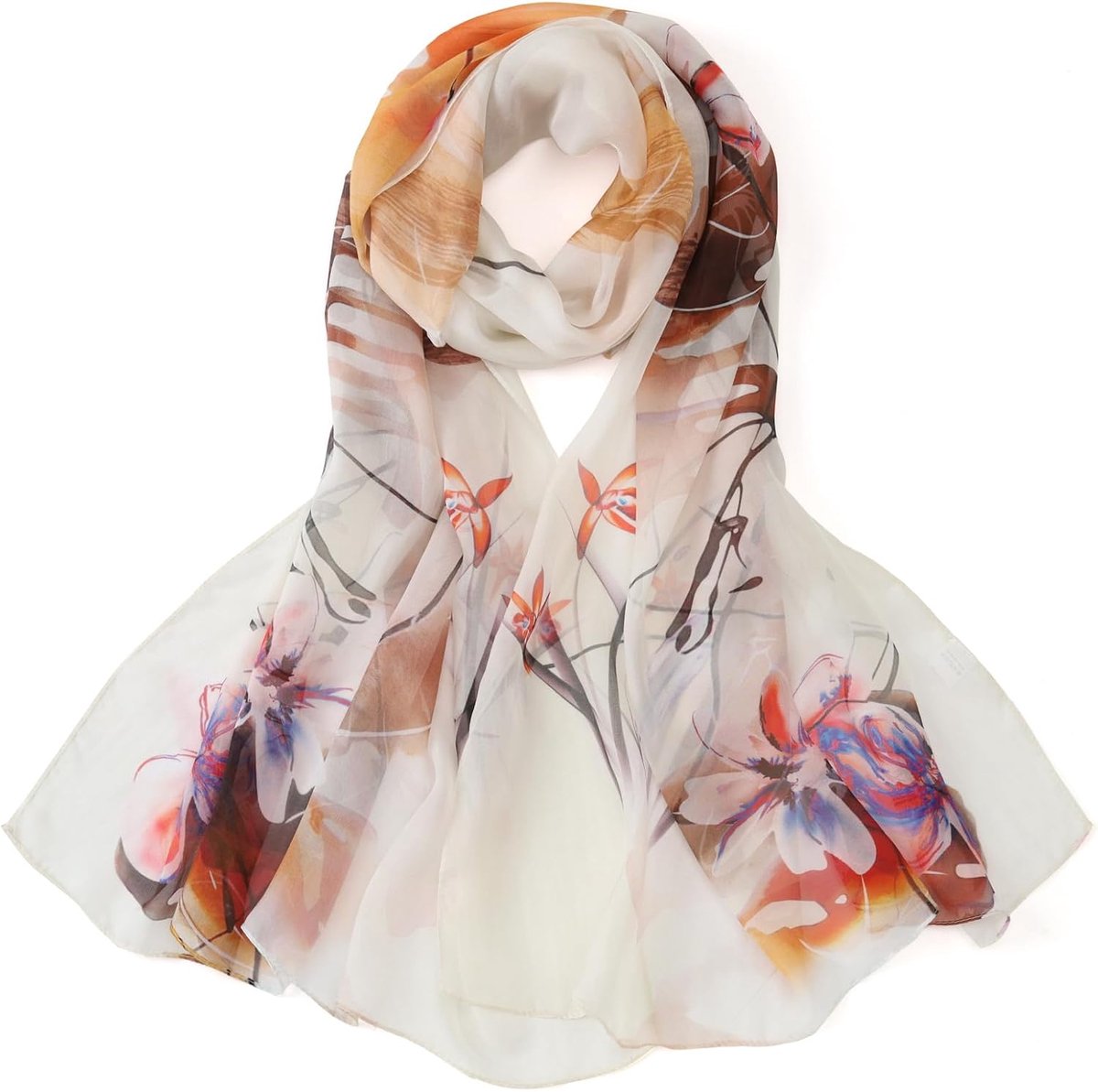 Lange zijden chiffon sjaal bloemenprint