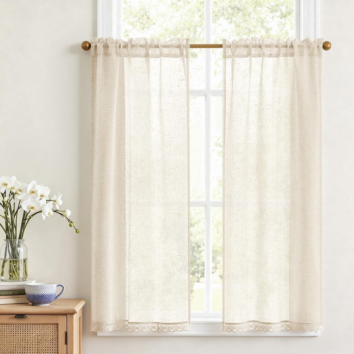 Gordijnen voor ramen Modern Keuken Beige linnenlook Bistrogordijn set van 2 65B x 115H cm Boho Gordijnen kantrand Volant gordijnen kort met stangendoortrek landhuisstijl lichtdoorlatend