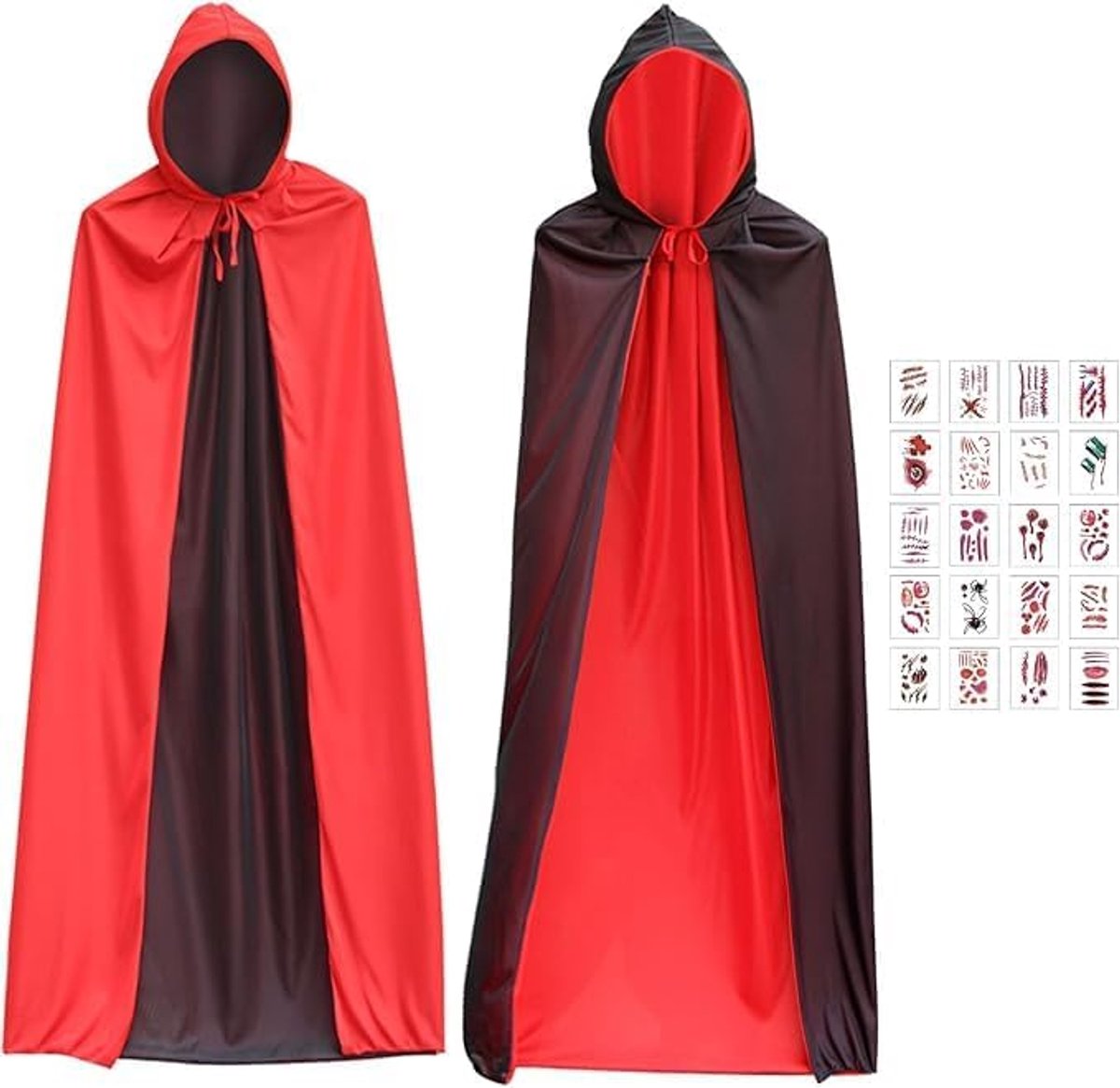 Zwart-rood Halloweenkostuum met capuchon, vampierkostuum, cape, 1,4 m, middeleeuws kostuum, vampiermantel, 20 vellen tijdelijke waterdichte stickers, carnaval, Halloween, cosplay-kostuum