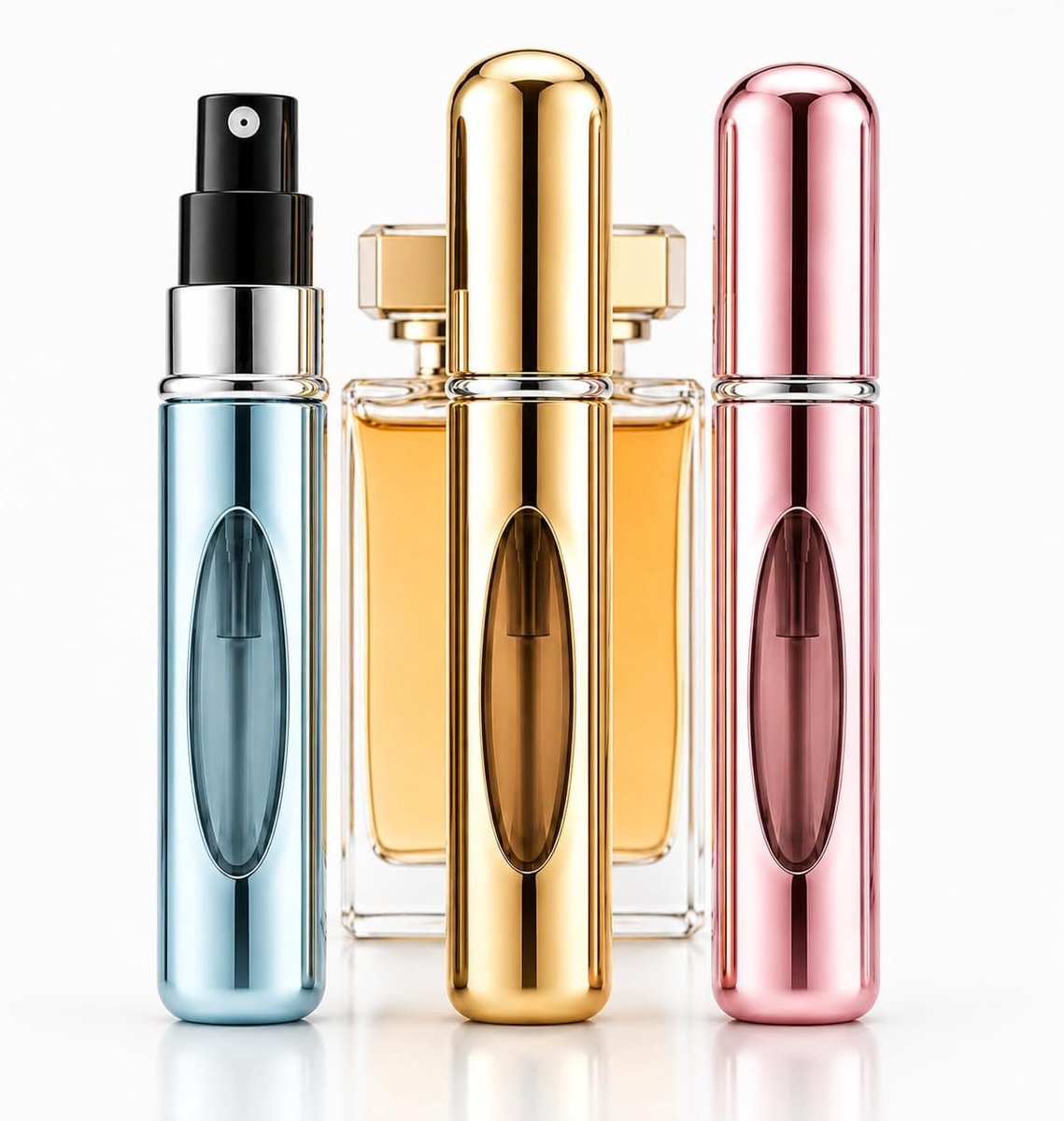 3 stuks 5 ml parfumverstuiver, navulbare parfumverstuiver, draagbare mini-spuitfles, verstuiver voor parfumflessen met venster, goed voor reizen (blauw, goud, roze)