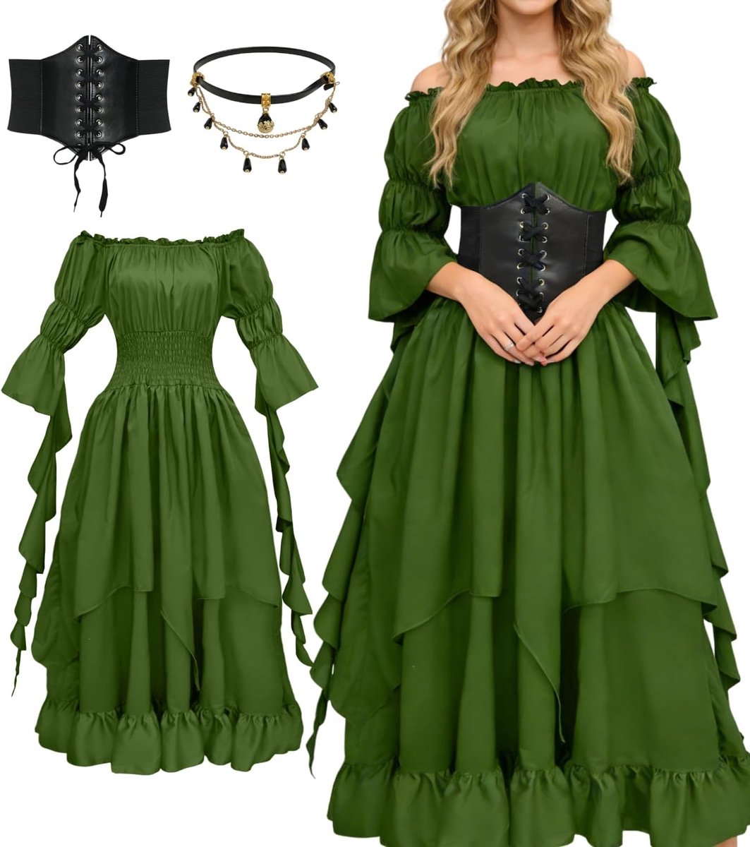 kleding voor dames, renaissance, Victoriaans kostuum met middeleeuwse jurk, piratenkorset, halskettingen, carnavalskostuum voor Halloween, carnaval, cosplay