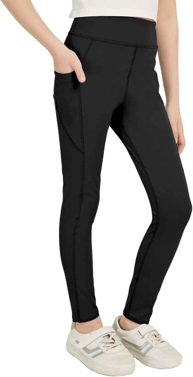 Sportlegging voor meisjes, lange sportbroek met 2 zakken, zwarte leggings, turnbroek, gymnastiekbroek voor joggen, training, yoga