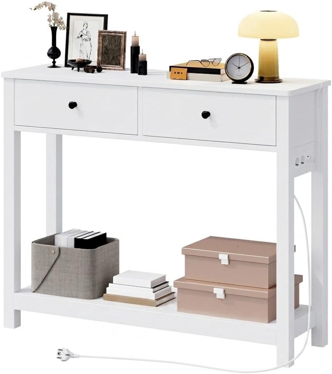 Smalle ingang met 2 stopcontacten AC, USB en type C, consoletafel met 2 laden en plank, ruimtebesparend meubelstuk voor hal, woonkamer, keuken en achter de bank, 100 x 30 x 80 cm