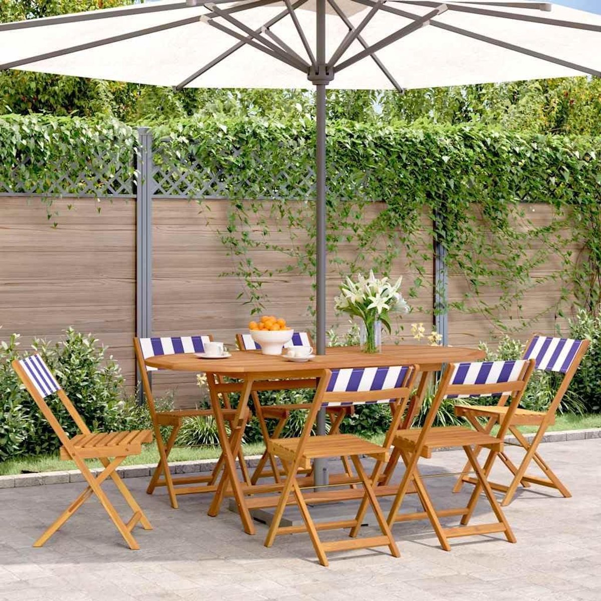 Tuinstoelen van massief acaciahout, 6 stuks, blauw-wit stof, klapstoelen met platte armleuningen, belastbaar tot 110 kg per zitting, ideaal voor terras, balkon en