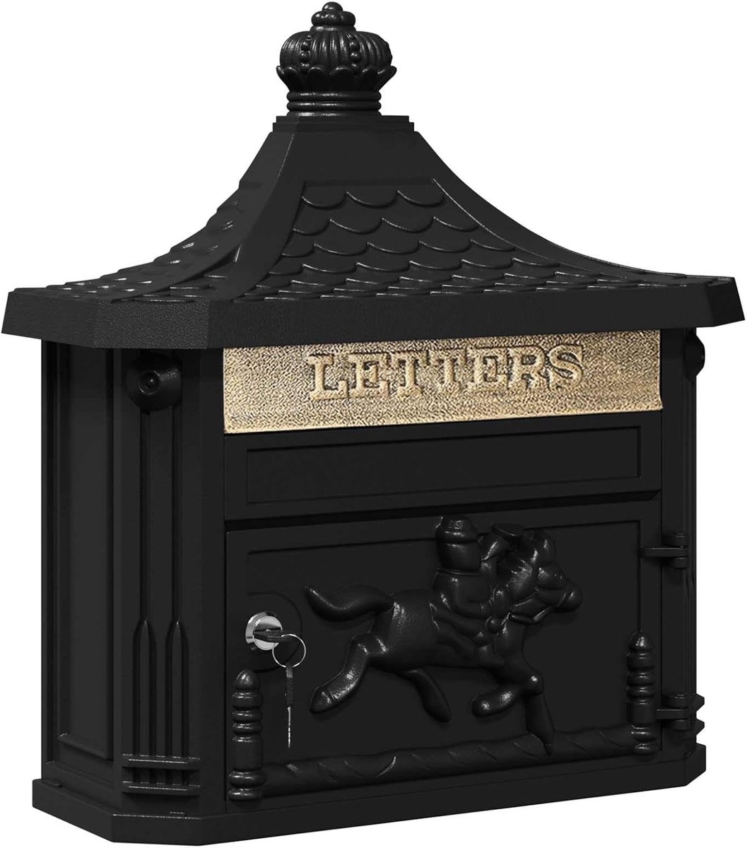 Wandbrievenbus van gegoten aluminium in vintage design, afsluitbare brievenbus met regendak, zwart, 40,5 x 16 x 45 cm