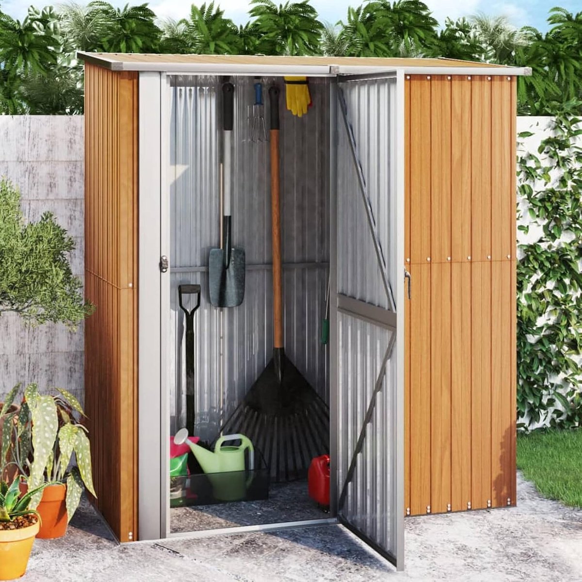 Tuinhuis, tuinhuis, van verzinkt staal, bruin, 118,5 x 97 x 209,5 cm, tuinschuur van staal, gereedschapsschuur van staal
