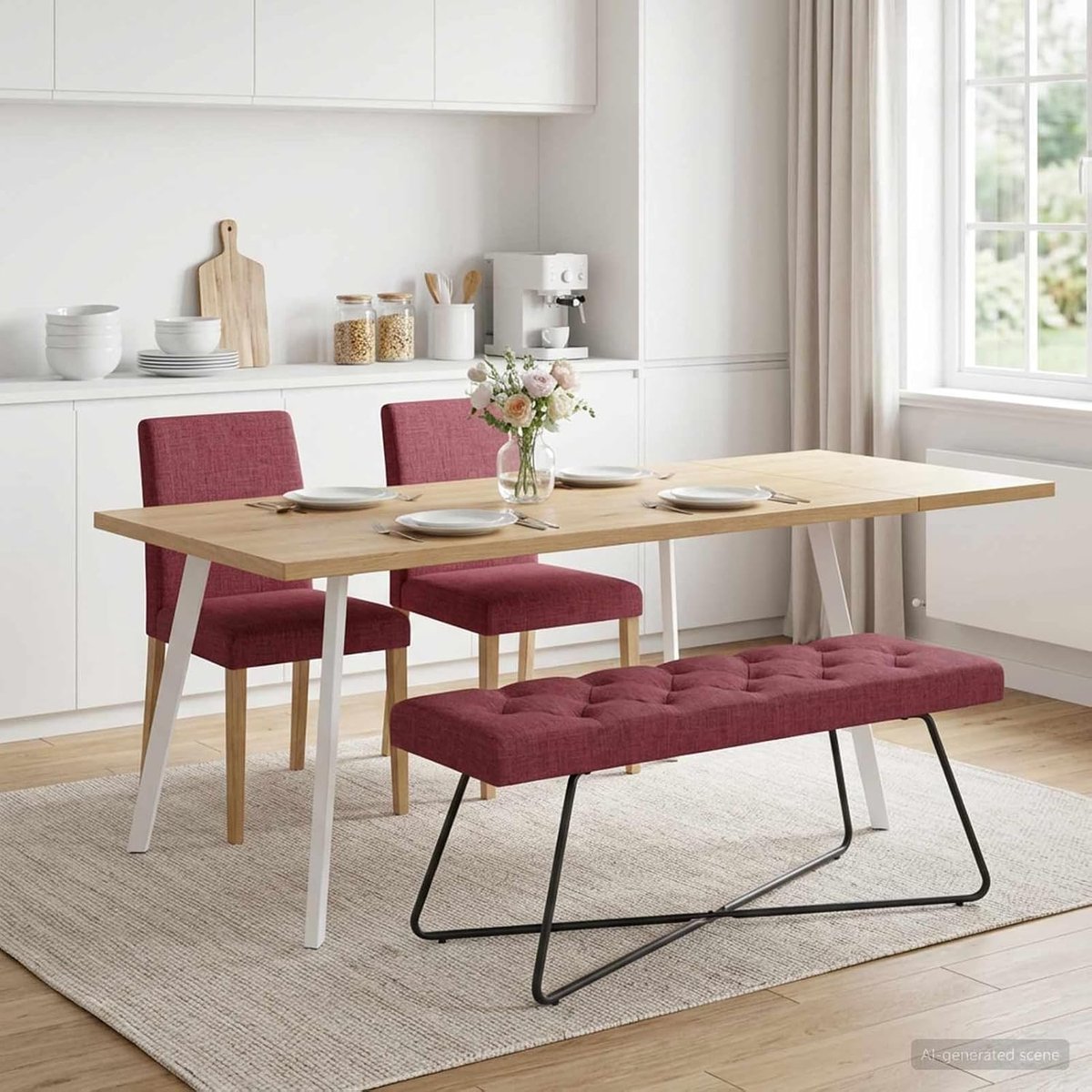 Bank met knoopsluiting in wijnrood, 110 x 40 x 46 cm, gestoffeerde bank van stof voor slaapkamer en hal, elegante zitbank met gevoerde bekleding