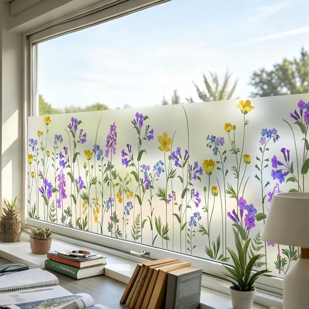 Dktie Raamfolie, statisch hechtend, geen lijm, herbruikbaar, anti-uv, melkglas, inkijkbescherming, botanisch bloemenpatroon, lentedecoratie voor woonkamer (03, 30 x 200 cm)