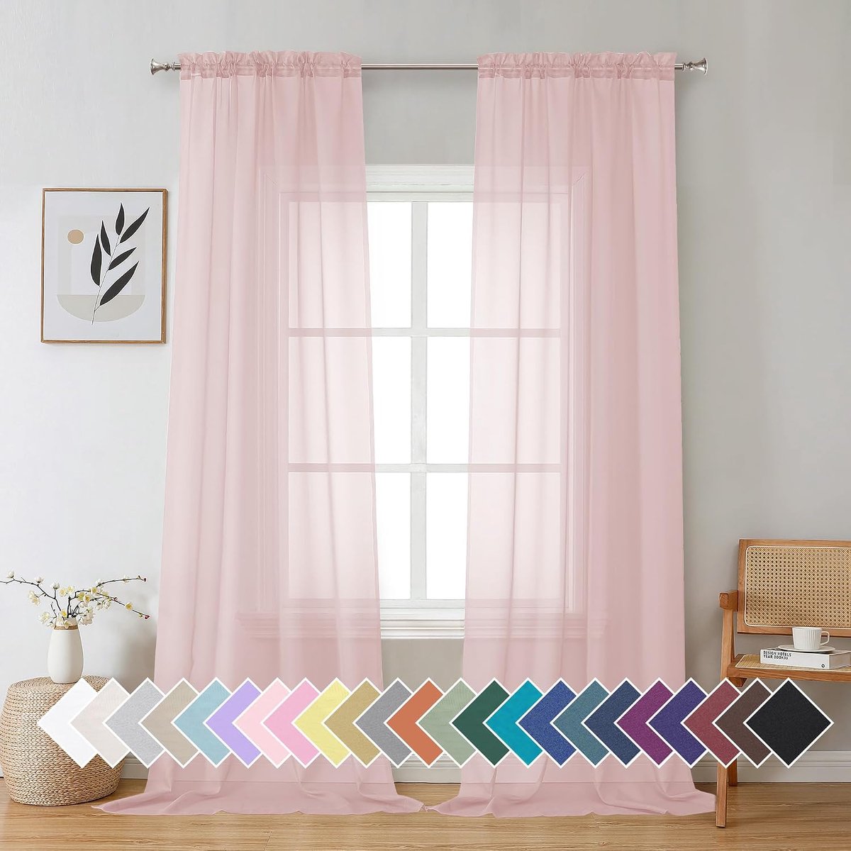 Blush-roze transparante gordijnen 228 cm lang, set met 2 panelen, lichtfilterende, zachte, luchtige voile met roedezak, babyroze doorschijnende raamgordijnen voor slaapkamer, woonkamer, elk