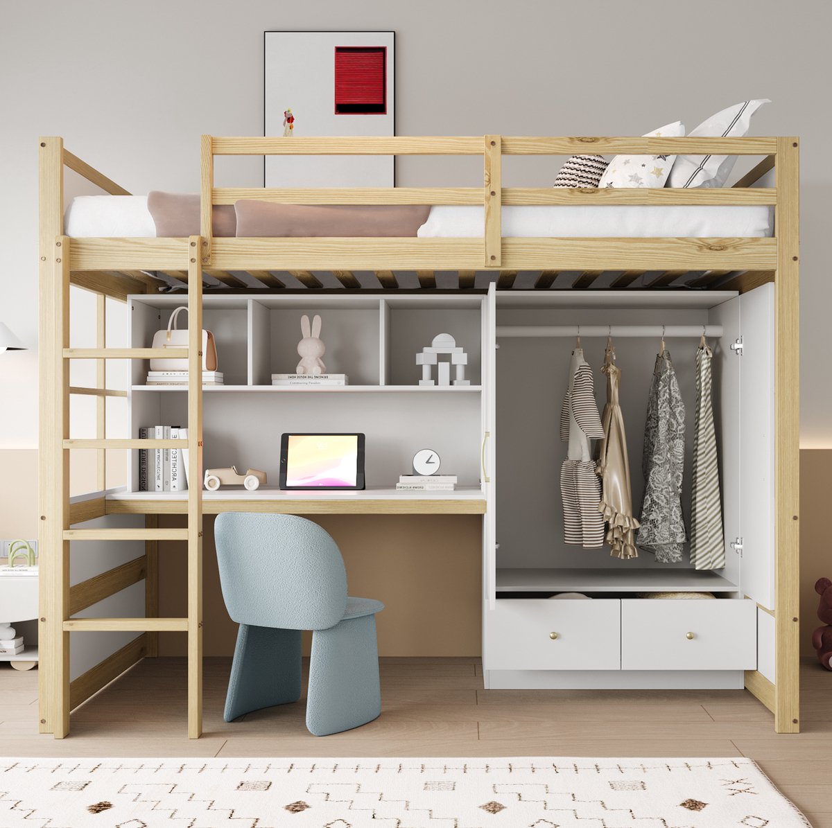 WUVRIE Hoogslaper 90 x 200 cm met bureau, kledingkast, lades en ladder, eenpersoons kinderbed in wit/naturel Naturel hout