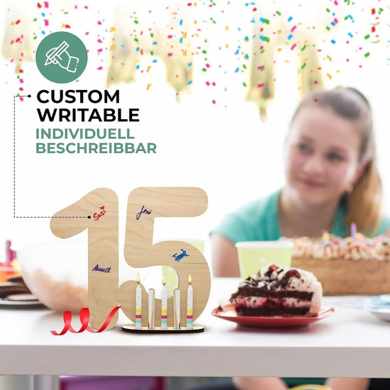 Gastenboek houten bord nummer 15 - Cadeeidee, wenskaart om te beschrijven, als cadeau met standaard voor geldgeschenken - Decoratie cadeau voor de 15e verjaardag, 15-jarig jubileum of huwelijk — afbeelding 2
