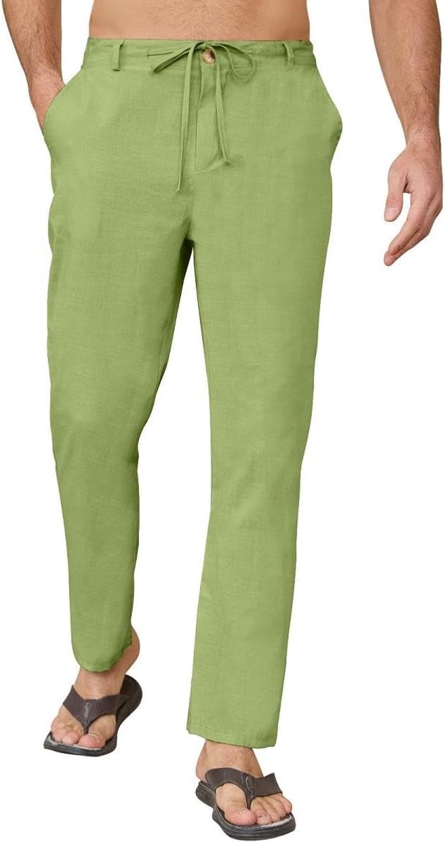 Linnen herenbroek, katoenen broek met zomerzakken, lichte broek met trekkoord, casual losse strandbroek, rechte pijpen, yogabroek