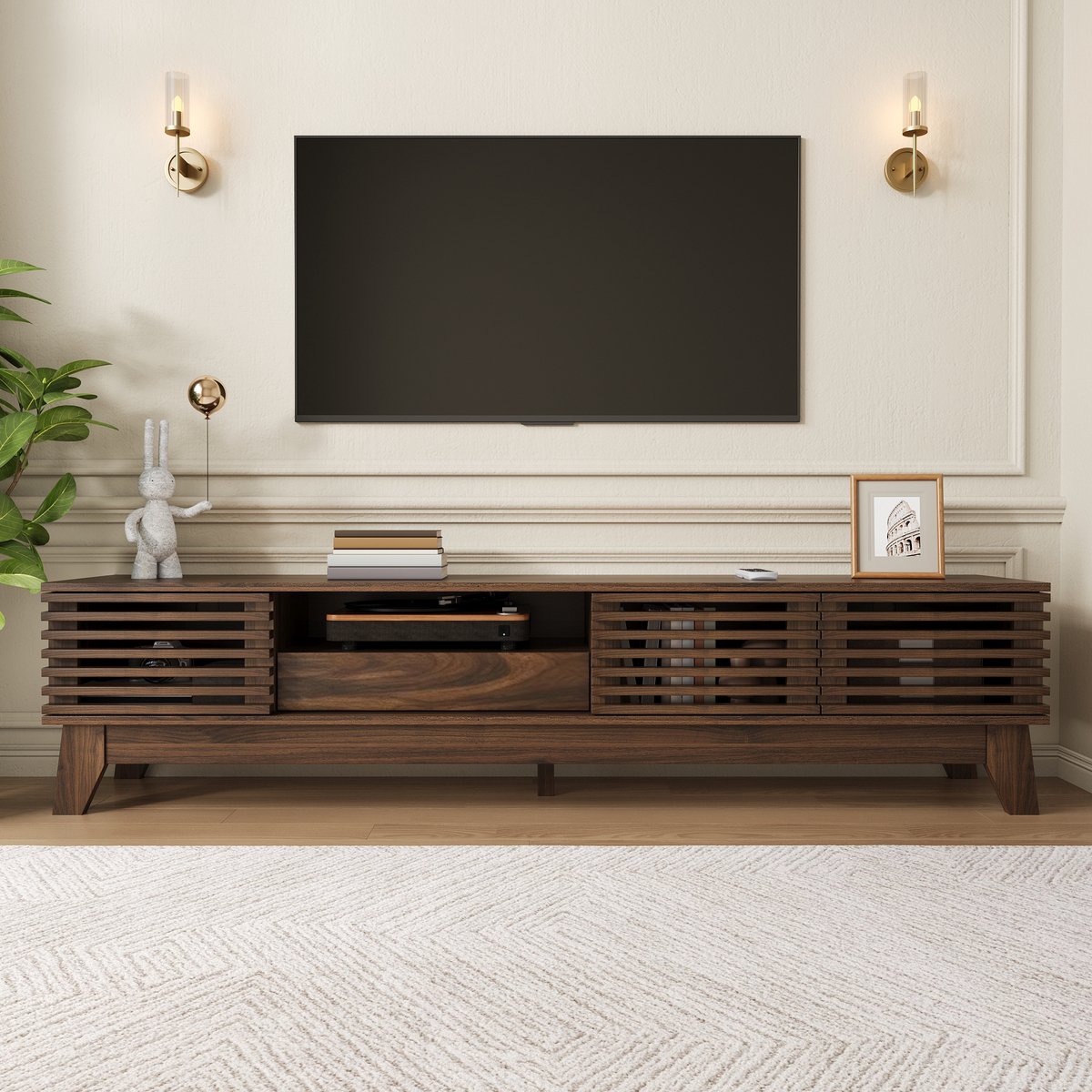 PHOEBE CAT TV-kast - Lamellendeuren - Met lades - Open planken - MDF - Walnootkleurig