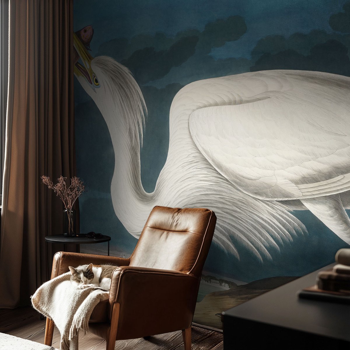 Coloray Vliesbehang - Wit Snellijm Behang - 104x70 cm - Vogel Met Vis Muurschildering - Slaapkamer behang Dieren - Fotobehang Vlies - Slaapkamer behang