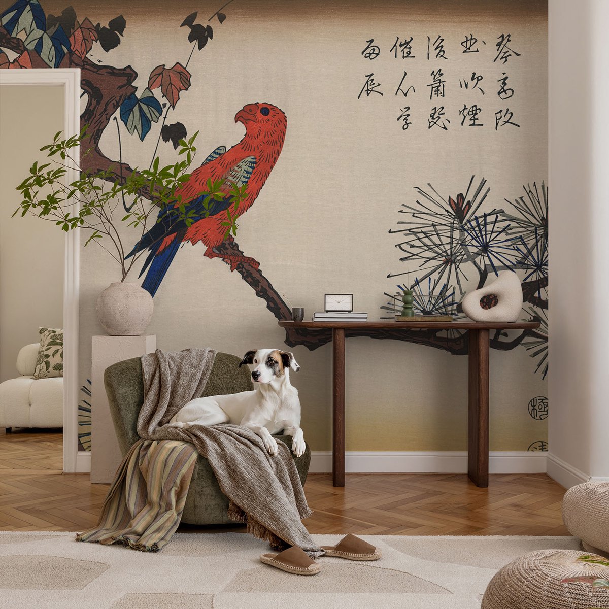 Coloray Vliesbehang - Beige Snellijm Behang - 104x70 cm - Een Vogel Op Een Tak Muurschildering - Gang behang Dieren - Fotobehang Vlies - Slaapkamer behang