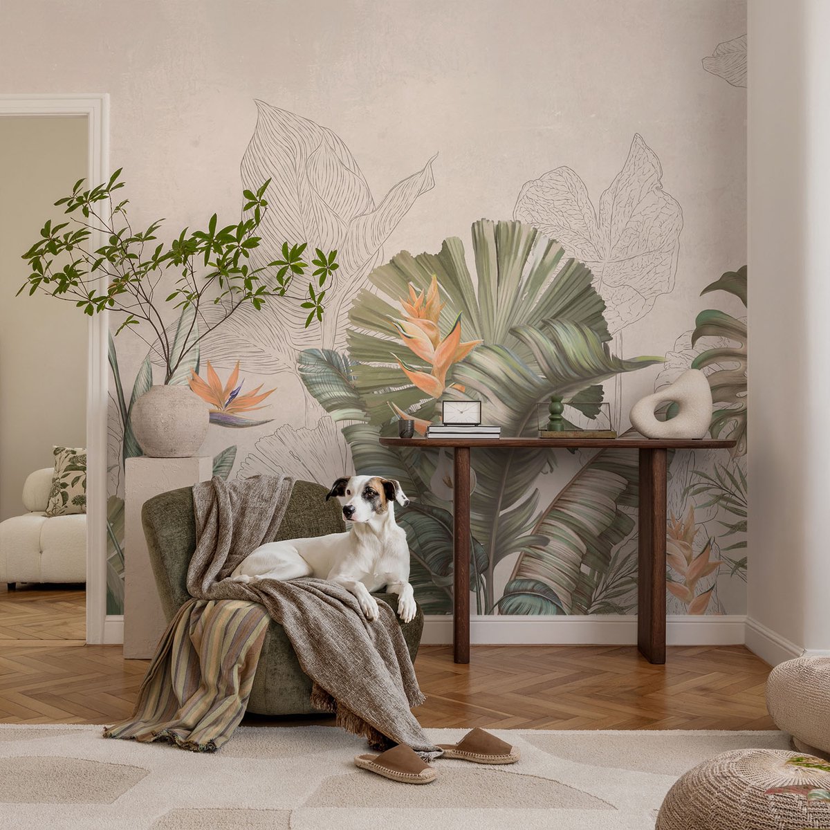 Coloray Vliesbehang - Beige Snellijm Behang - 104x70 cm - Tropische Bloemen Muurschildering - Slaapkamer behang Bloemen En Planten - Fotobehang Vlies - Slaapkamer behang